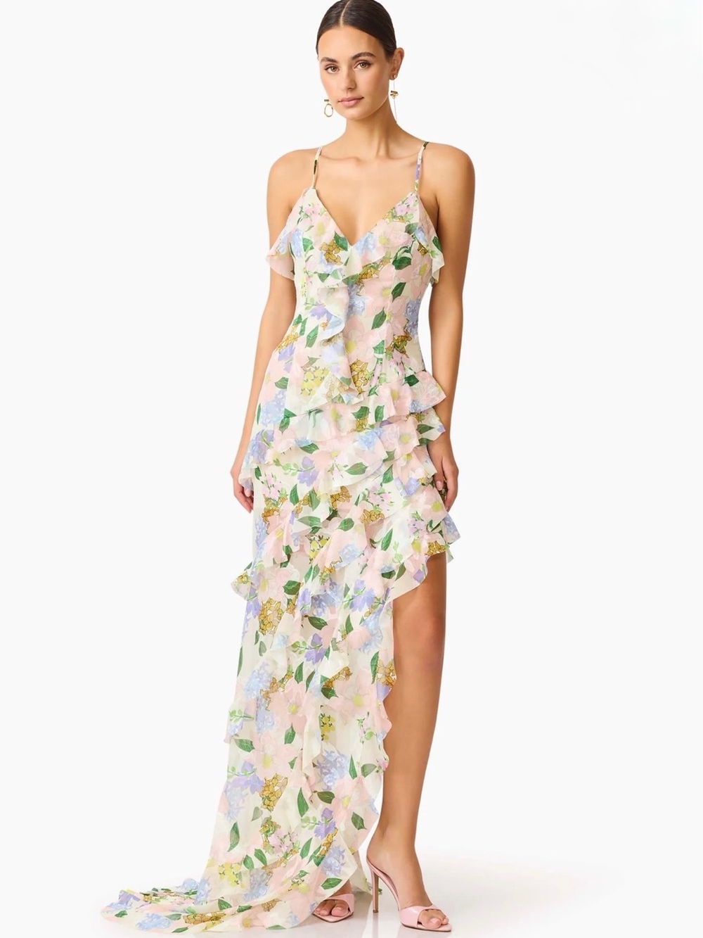 🌸 Elliatt Cosima Asymmetrical Gown In Pastel Florals Ruffle Maxi Hi Low Size XS
